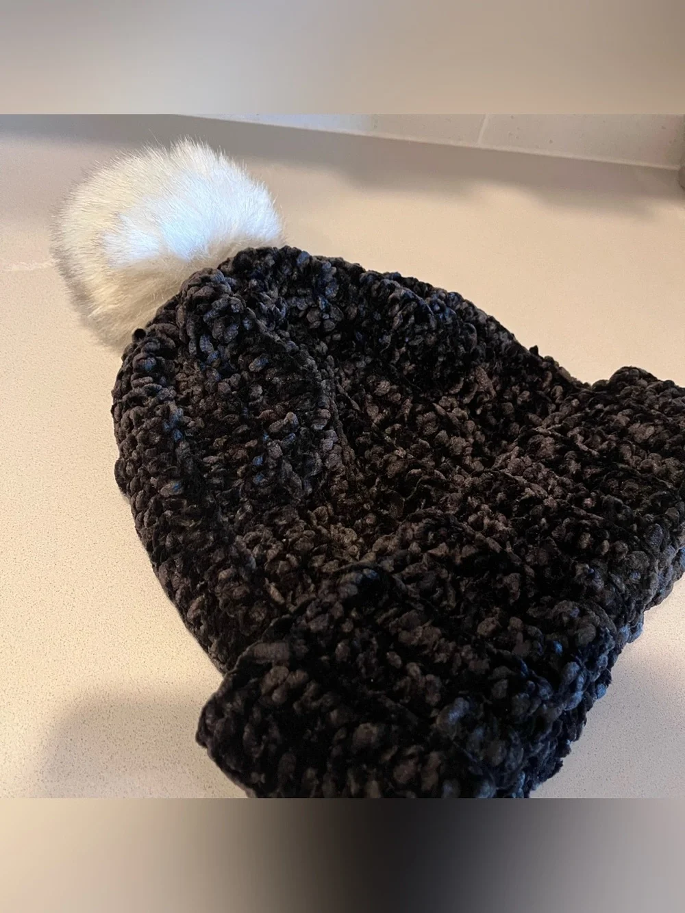Black chenille knit beanie with white faux fur pom pom, oversized, handmade